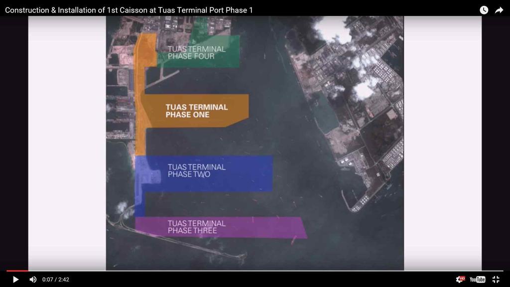 싱가포르항만, TUAS 메가컨테이너터미널 1 단계개발착수발표 2016 년 4 월 24 일, 싱가포르해운항만당국 (MPA) 은 TUAS 메가컨테이너터미널 1 단계개발 착수를공식발표하는케이슨진수식 (Launch of the 1 st Caisson) 을개최했음 1단계메가컨테이너터미널개발을위해 28m 높이의세계최대규모케이슨 222개가안벽공사에투입될예정이며,