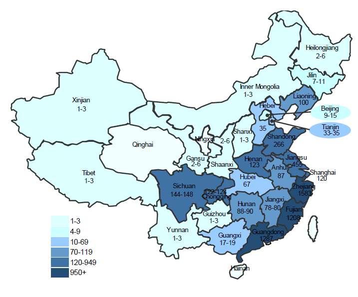 2011 국내 외신발시장동향 2 중국신발시장의주요거점 가. 절강 (zhenjiang), 광동 (guangdong), 북건 (fujiian) 은중국의주요신발생산기지이다. 2010년이지역의신발업체수는총 4,078개, 중국신발전체생산량의 69.65% 차지 나. 중국내주요신발수입지역은 50개다.