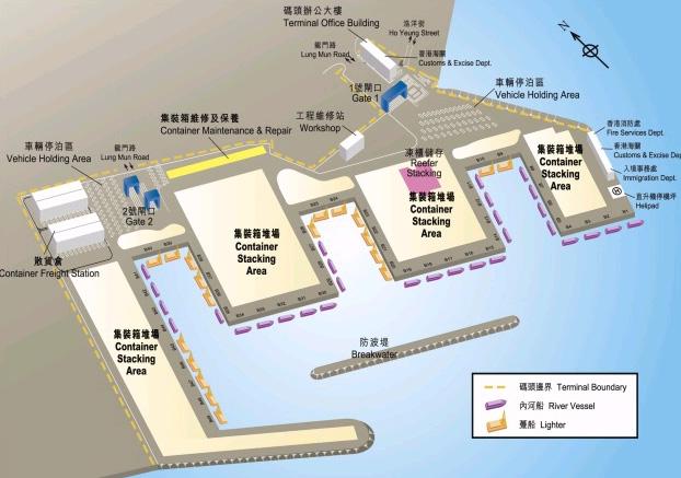 < 그림부록 1-9> River Trade Terminal 레이아웃 자료 : www.rttc.com.hk < 표부록 1-7> 홍콩항컨테이너터미널시설현황 Kwai Tsing Container Port 구분 선석수 ( 개 ) 선석길이 (m) 수심 (m) 면적 ( 천m2 ) CT3 3 305 14.0 167 4 CT8 (West) 2 740 15.