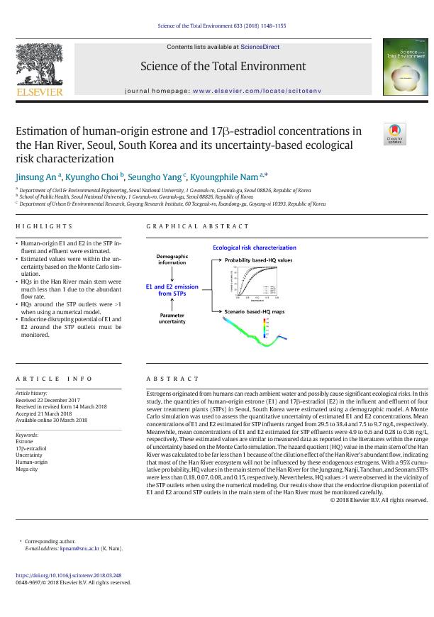 Achievements 국제학술지논문 Jinsung An, Kyungho Choi, Seungho Yang, Kyoungphile Nam* Estimation of human-origin estrone and