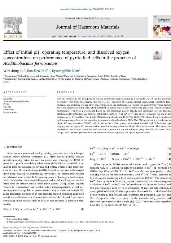 Chemosphere, 208: 916-921 Won Jung Ju, Eun Hea Jho*, Kyoungphile Nam Effect of initial ph, operating temperature, and