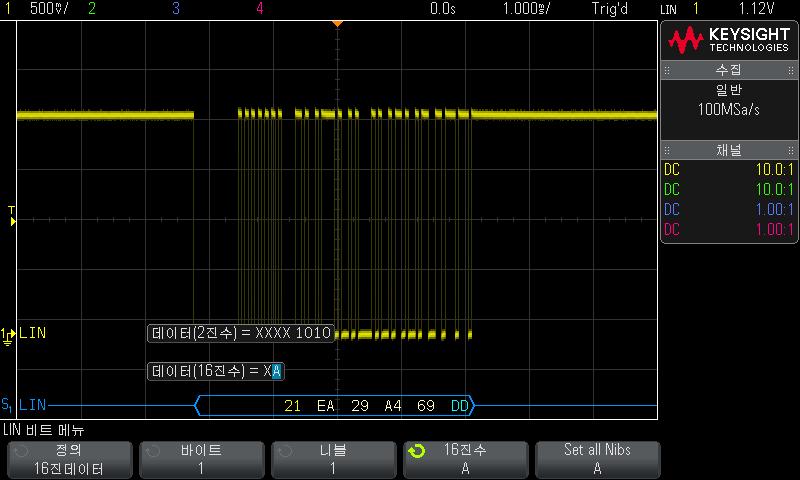 23 CAN/LIN 트리거링및시리얼디코드 ID( 프레임 ID) 오실로스코프가선택한값과동일한 ID 의프레임이감지될때트리거합니다. Entry( 엔트리 ) 노브를사용하여프레임 ID 의값을선택할수있습니다. ID 및데이터 ( 프레임 ID 및데이터 ) 오실로스코프가선택한값과동일한 ID 와데이터의프레임이감지될때트리거합니다.