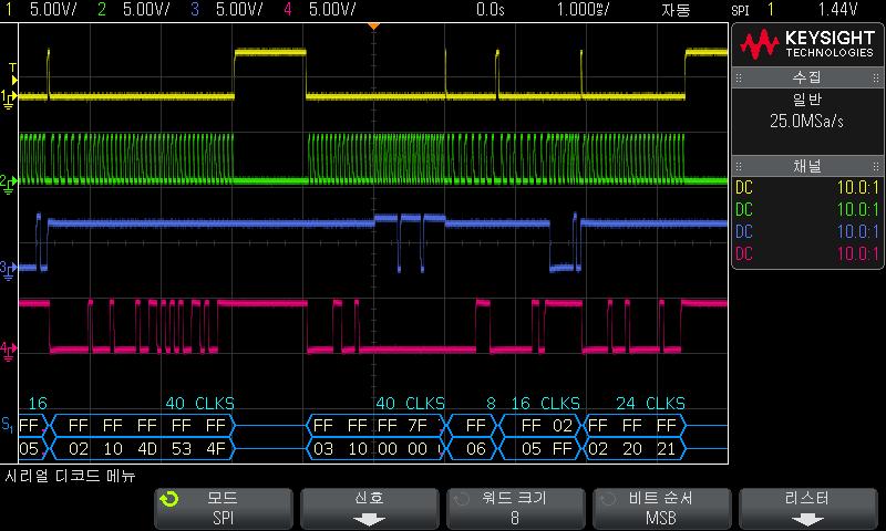 I2C/SPI 트리거링및시리얼디코드 24 SPI 디코드해석 앵글파형은활성버스를나타냅니다 ( 패킷 / 프레임내부 ). 중간레벨청색라인은유휴버스를나타냅니다. 프레임에포함된클럭수는프레임위오른쪽에밝은파란색으로표시됩니다. 디코딩된 16 진수데이터값은흰색으로표시됩니다. 프레임경계내에충분한공간이없을경우디코딩된텍스트가관련프레임의끝부분에서잘립니다.