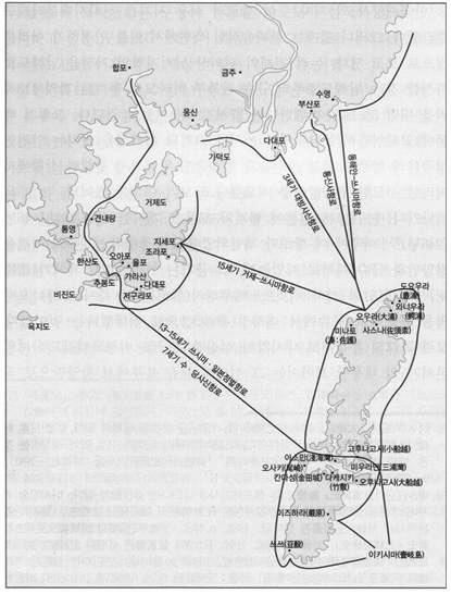 도 1. 동남지역과쓰시마간의고대항로 2. 항로 2 : 남서지역 - 규슈서북부노선 문헌기록으로볼때, 7세기까지도한 일간에는쓰시마를거쳐규슈북부에이르는항로만이용되고있었다. 예컨대앞서언급한 608년에수나라사신배청, 그리고 665년에당나라사신유덕고 ( 劉德高 ) 의일본방문에서나타나는항로가모두쓰시마를경유하고있었다.