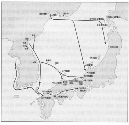 < 도 5> 고구려와발해사신선들의도일 ( 渡日 ) 항로 Ⅴ. 맺음말 지금까지살펴본내용을요약하면, 한 일간에는신석기시대부터교류가이루어졌으며, 양지역간의해상교통로는 4개노선으로대별된다. 첫째는한국동남지역-쓰시마-이키섬-규슈북부의연안항로이다. 이노선은신석기시대부터한 일간의주항로로이용되었다.
