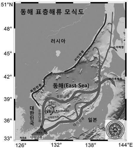 ] 그림 6. 동해표층해류모식도 ( 출처 : 국립해양조사원 ) 한편, 동해북쪽해역에서는대체적으로연안을따라반시계방향의순환이보인다. 동해북부반시계방향순환은러시아연해주와북한연안을따라남하하는한류인리만한류와북한한류가주요한해류이며, 북한한류에의해동해연안을따라남하하는북한한류수는묵호주변해역에서는동한난류를만난다.