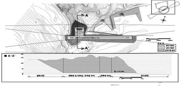 울릉공항 사동항 2 단계연계추진 부지규모 : 149,600 m2 (1,360m x 110m) 착륙대제원 : 1,220m x 80m -