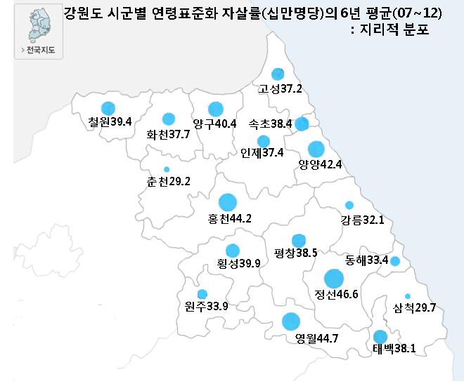 2007~2012 강원도자살통계 그림 37 > 강원도시군별연령표준화자살률 (