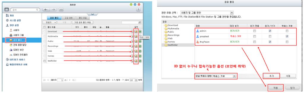 ID나그룹의접속권한을읽기 / 쓰기 / 엑세스거부등으로설정