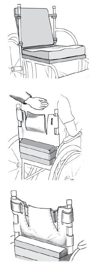 느슨한등받이가있는휠체어는등받이천을제거하고그자리에원하는 만큼젖혀진각도로단단한등받이를고정시켜넣습니다.. 단단한등받이는합판으로만들수있습니다. ( 최소 12 mm 두께 ). 단단한등받이를등받이기둥에부착하기위해조절이가능한브래킷을 사용할수있습니다. 기존의느슨한등받이천을수정합니다. 등받이기둥옆쪽으로양쪽에등받이천을수직으로자르세요.