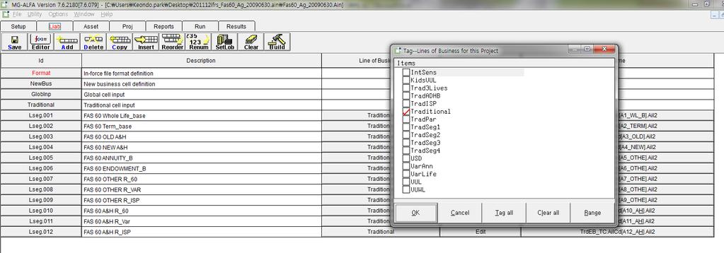 2-3. Liab Tab - SetLob Set Lob 1 3 2 메뉴의 SetLob 버튼을누르면오른쪽과같은작은창이뜨고, 사용자가원하는 Lob 를선택하여사용할수있다.
