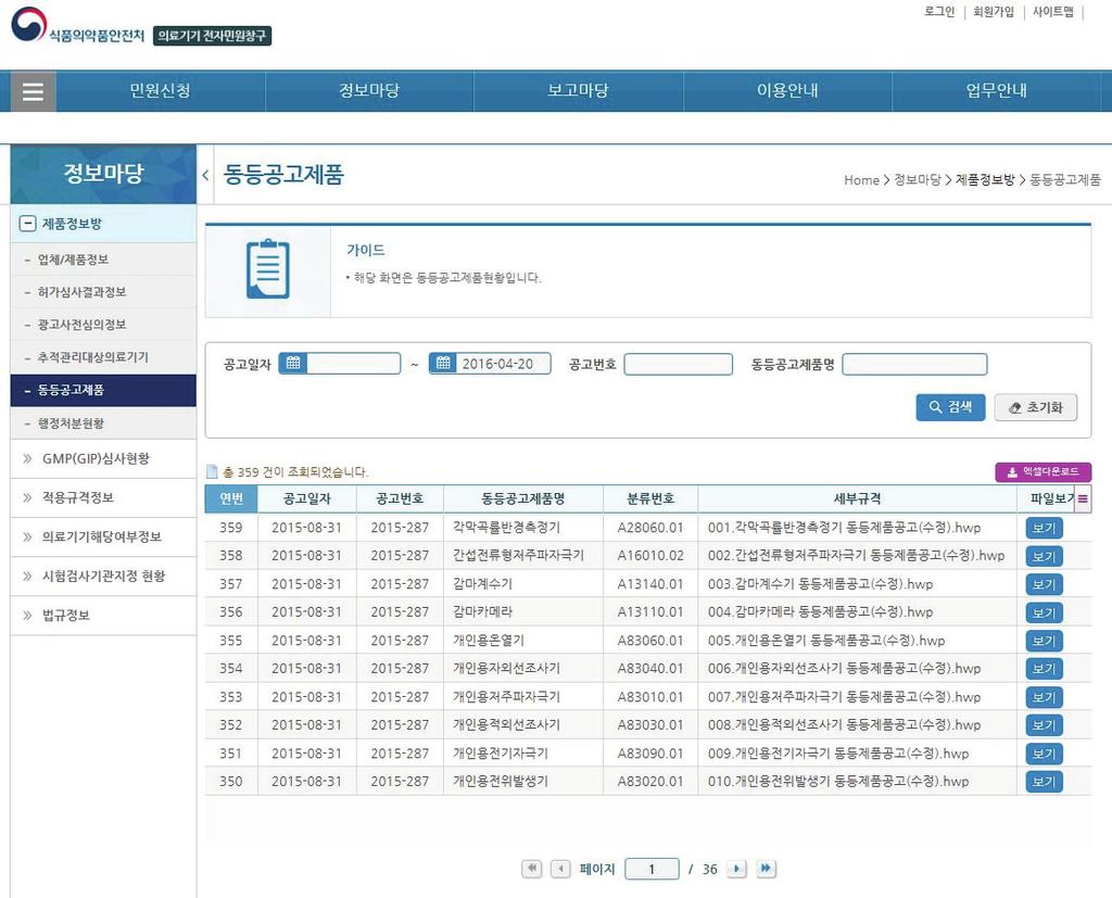 제조 수입업체는해당제품이식약처장이공고한동등공고제품인경우, 의료기기법시행규칙제5조제1항제2호 ( 기술문서또는기술문서심사결과통지서 ) 에의한서류를대신하여동등공고제품의공고내용과동일하게기술문서 ( 심사의뢰서 ) 를작성한후, 의료기기시험검사기관에동등공고제품의시험규격과동일하게시험한시험성적서를받아시험성적서와기술문서 ( 심사의뢰서 )