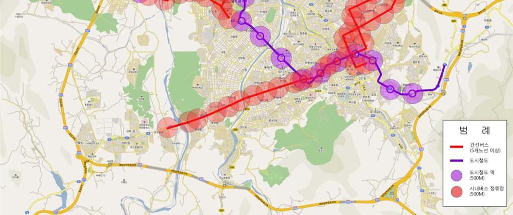 권역 -간선5개노선이상정차정류소만대상 대상지 - 원도심, 둔산, 유성,