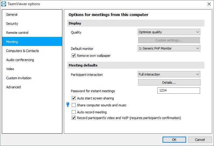 7 옵션 응용프로그램호환성개선 : 활성화하면이전 Windows 응용프로그램과의호환성을향상시키는 대신성능을낮춥니다. 7.4 회의카테고리 회의카테고리에서 TeamViewer 회의모드항목을미리설정할수있습니다. 이대화상자의설정이모든 회의에적용됩니다. 회의설정. 품질다음중에서선택할수있습니다. 자동선택 : 가용대역폭을기준으로디스플레이품질과전송속도를최적화합니다.