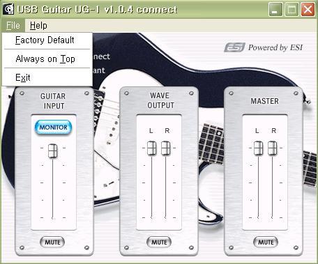 5. UG-1 컨트롤패널 (1) File Factory Default: UG-1 설정값을초기값으로셋팅합니다. (2) File - Always On Top: UG-1 컨트롤패널을항상화면위에표시되게합니다. 이항목이선택되어있지않으면다른프로그램의실행화면이컨트롤패널위에표시됩니다. (3) File Exit: UG-1 컨트롤패널을닫습니다.