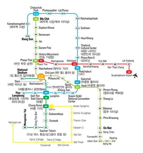 5. 대중교통 지상철 (BTS) 1999년 12월에개통된지상철 (BTS) 은방콕의중심가인실롬-사톤지역을운행하는실롬선, 수쿰윗-쨍와타나를연결하는수쿰윗선등 2개노선운행 -