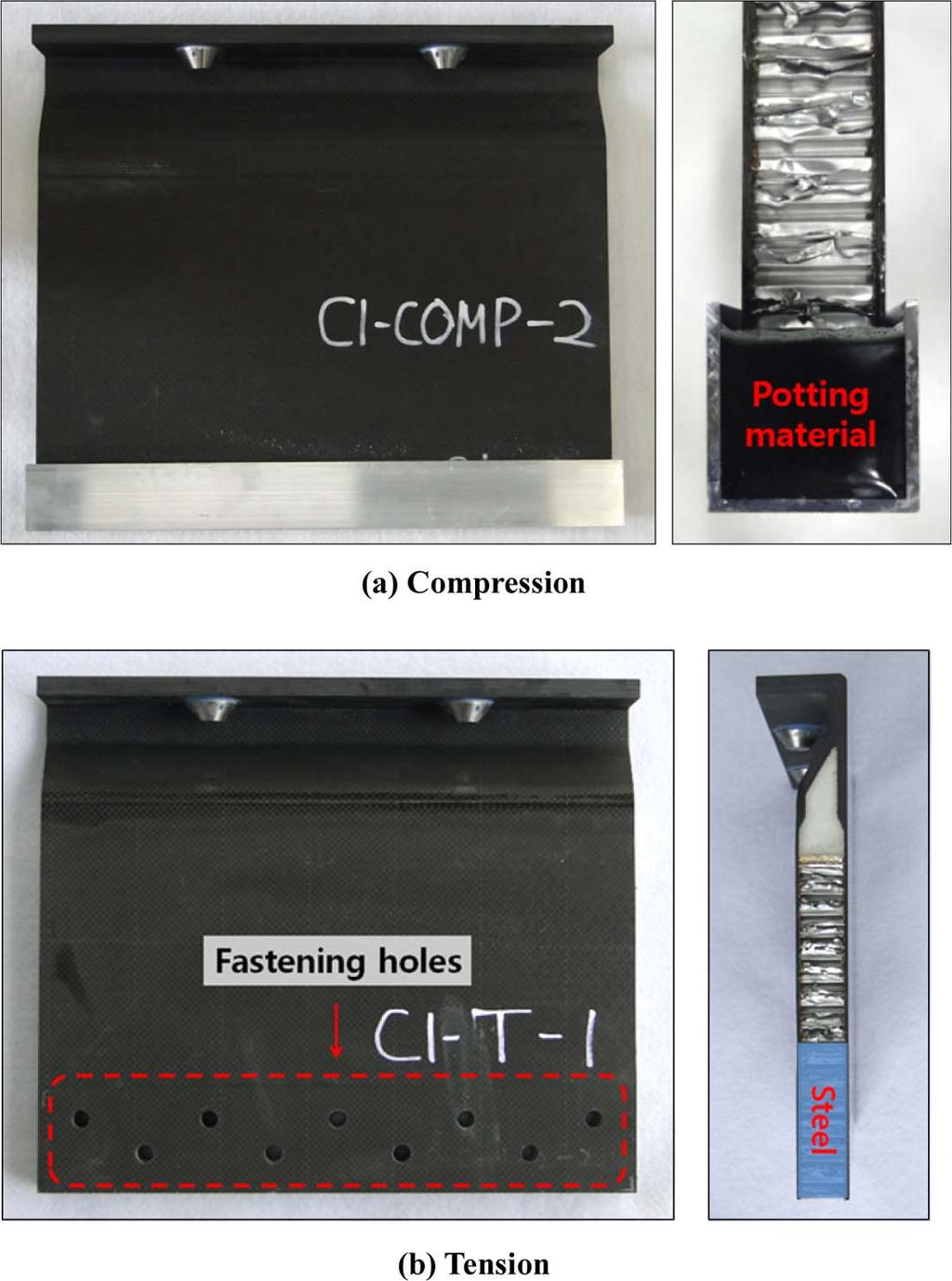 Design and Verification of a Novel Composite Sandwich Joint Structure 387 지에 두 개의 인써트를 설치하였고, 인써트와 볼트를 통해 하중을 가한다. 형상 1의 시편 사진은 Fig. 2(a)에 보였다. Fig. 1(b)는 형상 2에 대한 자세한 치수 및 재료를 나타낸 다.