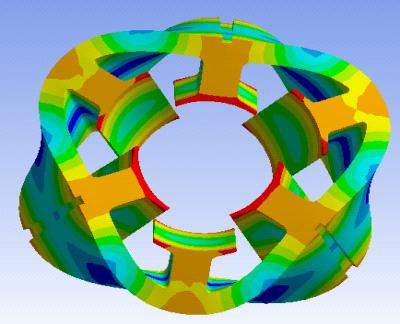 고정자의재질은규소강판 (S23-5PN8) 으로 mass density는 785(Kg/m³), Young's modulus는 2(Gpa), Poisson ratio (a) 235 [Hz] (b) 4167 [Hz] (a) overlap position (b) aligned