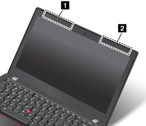 부록 A. 규정정보 UltraConnect 무선안테나의위치찾기 ThinkPad 모델에는다양한안테나시스템이 LCD 화면에내장되어있어서최적의수신상태와장소에구애받지않는무선통신환경을제공합니다.