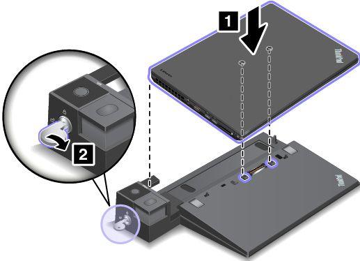 ThinkPad 도킹스테이션연결 컴퓨터를지원되는 ThinkPad 도킹스테이션에연결하려면다음과같이하십시오. 참고 : ThinkPad Basic Dock 에는시스템잠금기능이없습니다. 1. 모든케이블과장치를컴퓨터에서분리하십시오. 2. 시스템잠금키가잠금해제위치 ( 수평 ) 로돌려져있는지확인하십시오.