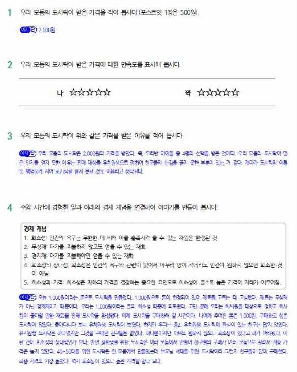 활동 3 이야기를만들어경제적개념익히기 준비물 개별활동지 2, 색연필 ➊ 도시락구매가끝나면모둠으로돌아와자신이속한모둠이만든도시락이받은가격을계산해본다. 모둠이받은가격에대한만족도와이러한가격을받은이유를짝과상의하여개별활동지에적는다. 개별활동지 2 활용 ➋ 오늘수업시간에경험한일과희소성에관련된개념을연결하여짝과함께이야기를만든다.