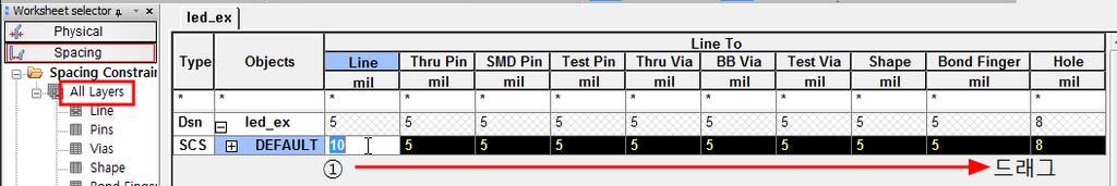 Spacing Constraint Set에서 All Layers를클릭하고