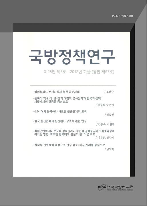 국방정책연구 제 28 권제 31 호 2012 년가을 ( 통권제 97 호 ) 하이브리드전쟁양상과북한급변사태 / 조한승 동북아역내미 중간의대립적군사전략과한국의선택 : 서해에서의갈등을중심으로 / 김영식, 주운현 G2시대의동북아와새로운한중관계의모색 / 변종헌 한국방산업체의방산원가구조에관한연구 / 김동욱, 정형록