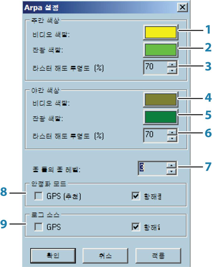 1 주간모드에서레이더오버레이를표시할색상 2 주간모드에서잔광을표시할색상 3 주간모드에서래스터해도의검정색영역에적용되는레이더오버레이의밝기 ( 지정된색상의비율로 ) 4