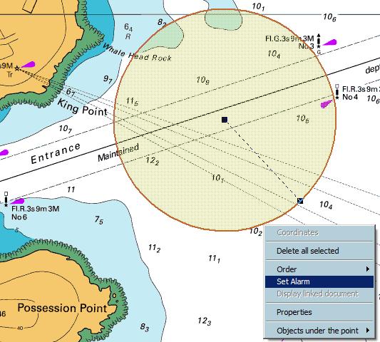 사용자정의알람개체편집기를사용하여그려진각사용자정의개체는위험으로정의될수있으므로알람을작동시킬수있습니다. 선박의보호구역내부또는경로의안전통로내부에포인트가있을때격리된개체. 라인이보호구역또는경로의안전통로를가로막을때의라인.