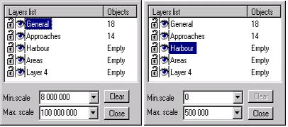 표시 / 숨기기목록의왼쪽에있는눈버튼을클릭하여잠긴계층을숨깁니다. 그러면계층이표시되지않고잠깁니다. 최소 / 최대척도그림에서 General 계층은해도척도가 1/100 000 000 및 1/8 000 000 사이의값으로구성될때표시되고 Harbor 계층은척도가 1/500 000 보다큰경우에만표시됩니다.