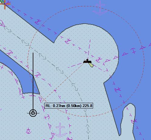 포인트간, 범위및방위 1. 두포인트를서로간의고정범위와방위로설정하려면 Point to point, range and bearing 버튼을클릭합니다. 2. 커서가십자기호로나타납니다. 첫번째원하는위치로커서를이동하고클릭하여포인트를고정합니다.