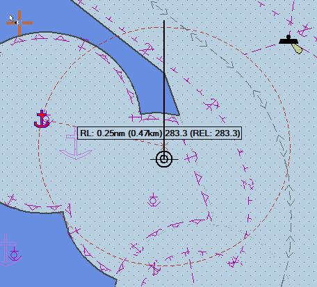 모든 EBL/VRM 을제거하려면키보드에서 Delete 키를누르거나 Chart 메뉴에서 Clean chart 기능을선택합니다. 선박정박지점, 범위및방위 1. Ship to point, range and bearing 아이콘을오른쪽클릭하고해도에정박지점을그립니다.