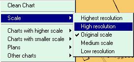 사용자는화면에해도영역의절반을표시하도록축소하고 ( 보통척도 ) 전체해도의개요를표시하도록다시축소할수있습니다 ( 저해상도 ). 또한고해상도 ( 원래척도 * 2), 최고해상도 ( 원래척도 * 4) 로해도를표시하도록확대할수도있습니다. 해도가원래척도이외의척도로표시되면화면에경고가나타납니다. 항해하는경우원래척도만사용해야합니다.