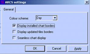 해도설정색상표를변경하려면컬러메뉴에서관련항목을선택합니다. Display Chart Borders 상자를전환하여하드디스크에있는해도를강조표시합니다. Ú 참고 : 해도의경계선을클릭하여해도에대한정보를표시합니다.