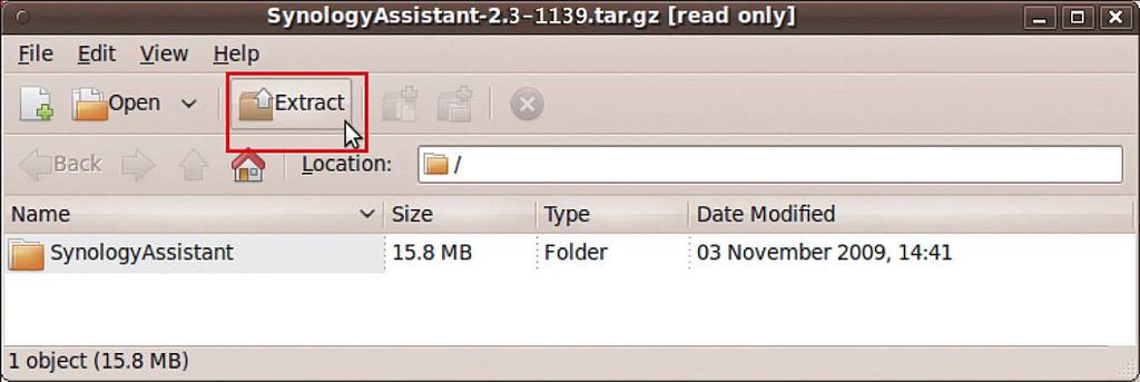 4 압축풀기를클릭한다음 SynologyAssistant 디렉토리의압축을 /usr/local 또는다른경로에풉니다. 3.1-1605 중요 : 64 비트 Ubuntu 를사용중인경우계속하기전에 32 비트라이브러리를설치하십시오.