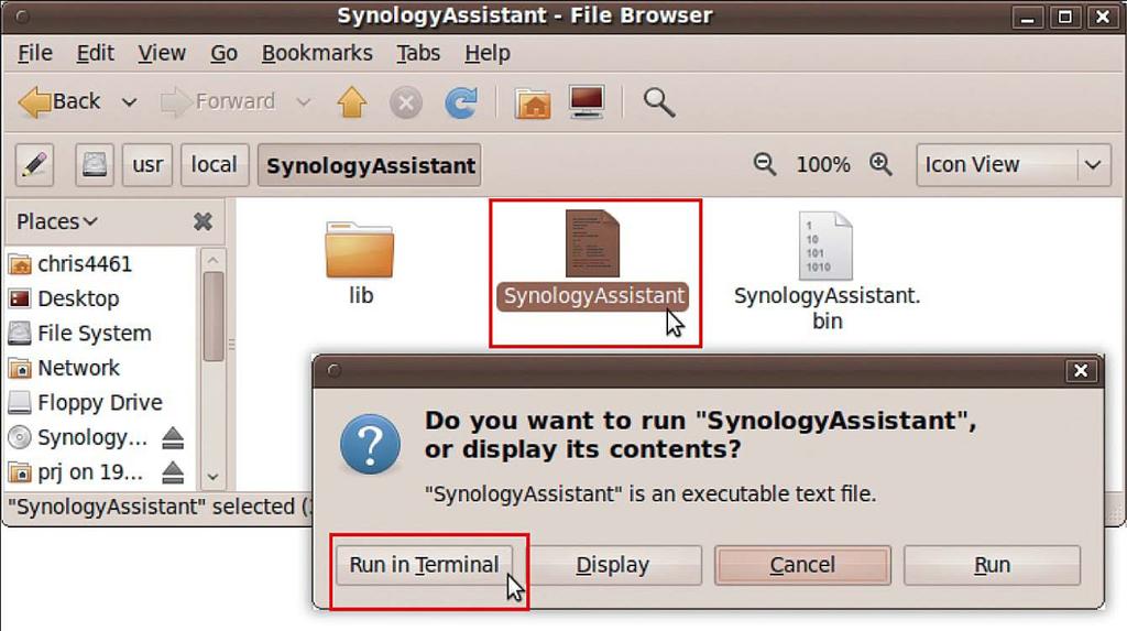 SynologyAssistant 를더블클릭한다음표시되는대화상자에서터미널에서실행을선택합니다. DSM 설치 Synology Assistant 를활성화했으면 "Windows 에서설치 " 섹션의단계 2 ~ 4 를따라설치를완료합니다.