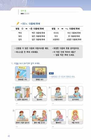 58 여성결혼이민자와함께하는한국어교원용지침서 2 종합연습 1 -( 으 ) ㄴ다음에 / 후에 를사용하여문장을만드는활동이다. 교사가교재 46쪽의문제지시문을설명해주고, < 보기 > 와문장을만들게한다. 2 학생들이각자문제를풀시간을준다. 학생들이문제를다풀면교사와정답을확인해본다. 이때한명씩발표를시킬수도있다.