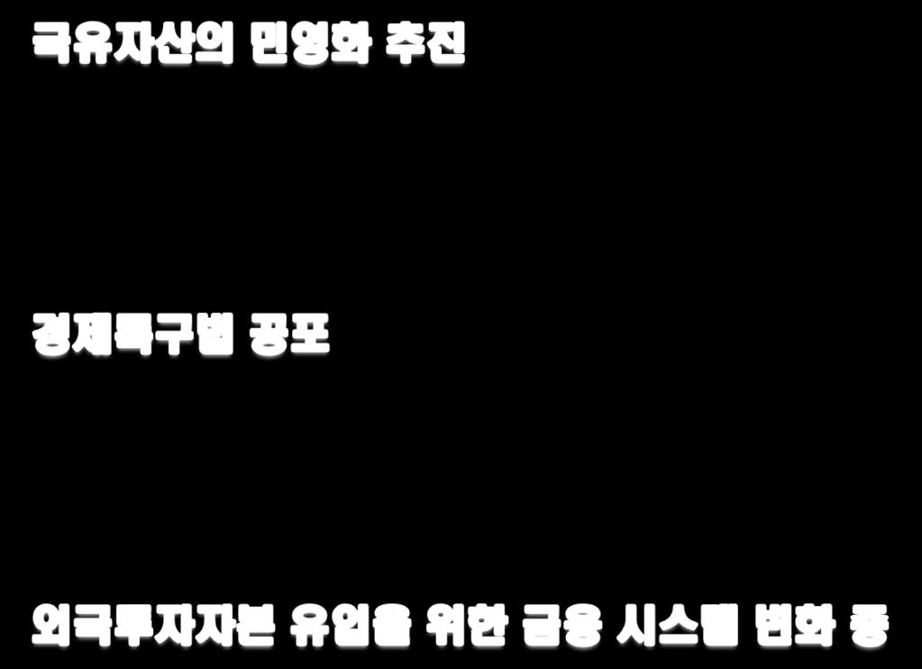 2. 미얀마투자환경변화 경제적변화 - 2009 년 10 월부터 250 여개주유소, 항만, 항공사민영화및 4 개의민간은행설립허용 - 상용차및정유제품수입자유화등경제개혁, 개방조치들이추진되고있음 - 2011 년내 90% 이상국유자산민영화추진예정임 - 2011 년 1 월 27 일미얀마정부는경제특구법통과시킴 - 경제특구법은 12 개장으로이루어져있으며크게투자특권,