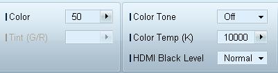 Color Color 선택된디스플레이장치의화면색상을조정할수있습니다. Tint (G/R) 선택된디스플레이장치의색조를조정할수있습니다. Color Tone 선택된디스플레이장치의바탕색을조정할수있습니다. Color Temp. 입력소스가 PC일때는 Color와 Tint (G/R) 는사용할수없습니다.