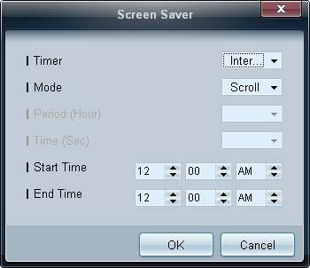 Screen Saver 선택된디스플레이장치의정지화면으로장시간나타낼때잔상이생기는현상을방지하기윈한기능입니다. Timer: Screen Saver의동작을설정할수있습니다. Off Repeat: 설정한 Period 마다 Mode에서설정한잔상방지패턴이실행됩니다.