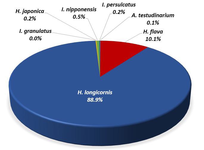 주간건강과질병 제 권제 호 (Haemaphysalis longicornis), 개피참진드기 (H. flava), 일본참진드기 (Ixodes nipponensis), 산림참진드기 (I. persulcatus), 사슴피참진드기 (H. japonica), 뭉뚝참진드기 (Amblyomma testudinarium), 남방참진드기 (I.