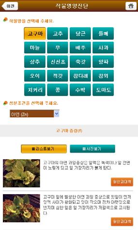 마 ) 작물영양진단및사례작물별양분결핍과잉진단증상과처방사례를볼수있는메뉴이다.