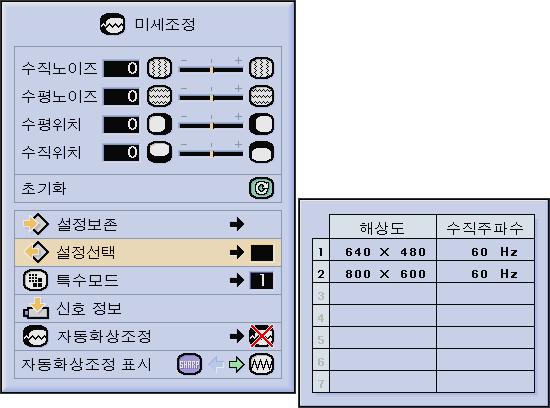 모든조정항목을재설정하기위해서는 미세조정 메뉴화면에서 초기화 를선택한후 ENTER 버튼을누르십시오.