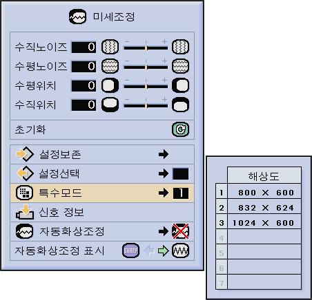 기본조작 컴퓨터이미지조정 (RGB 메뉴만해당 ) 특수모드조정일반적으로입력신호타입이발견되고적절한해상도모드가자동적으로선택됩니다.