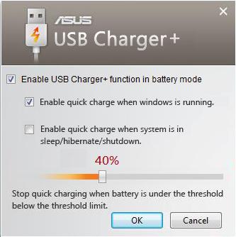 USB Charger+ 노트북 PC 전원과상관없이, USB Charger+ 는배터리충전버전 1.1 (BC 1.1) 의사양과호환되는 USB 장치의빠른충전을가능하게합니다. 필요에따라, 충전을중지하기위해배터리임계값을결정하고설정할수있습니다. 전원어댑터사용시 노트북 PC 가전원어댑터에연결되었을때, 지정된 USB 3.