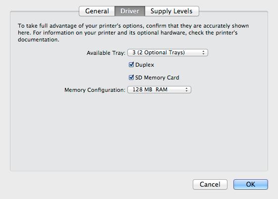 제1장설치50 Macintosh 사용자 Mac OS X 사용자 IP 인쇄 또는 Bonjour 로연결하거나프린터드라이버 를설치한이후옵션부품 ( 트레이 2/3, 추가메모리, SD 메모리카드 ) 을추가할경우다음순서에따라옵션부품 을설정합니다.