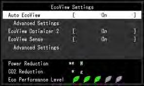 제 2 장기본조정 / 설정 2-4. 에너지절약 이모니터에는 EcoView 기능이내장되어사용자가에너지를절약할수있습니다. 이기능을사용하여불필요한전력소비를줄이고전기요금을절약할수있습니다. 에너지를절약하면이산화탄소방출도줄일수있습니다. 절전수준 노트 절전수준 ( 전력감소, CO 2 감소, Eco 성능수준 ) 을 EcoView Settings 메뉴에서확인할수있습니다.