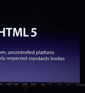 단말배터리성능을약화시킨다는등의이유로플래시보다열린표준인 HTML6를자사미래전략기술로채택한다고언급 < 2010 년 WWDC 행사에서 HTML5 의장점을설명하는스티브잡스 > 애플, HTML5 웹업체