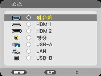 2. Projecting an image ( 영상투사하기 ) ❹ 입력원선택컴퓨터또는비디오입력원선택 주 : 프로젝터에컴퓨터나비디오입력원장비를켜십시오. 신호자동검출 SOURCE 버튼을한번누릅니다. 프로젝터가사용가능한입력소스를검색하여표시합니다. 입력소스는다음과같이변경됩니다. 컴퓨터 HDMI1 HDMI2 영상 USB-A LAN USB-B 컴퓨터.