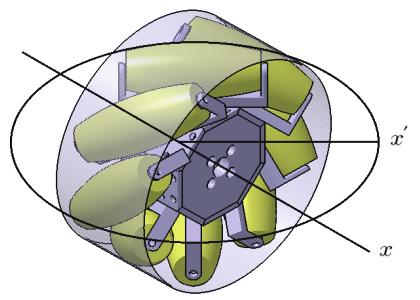 Fig. 3(d) 는메카넘휠을측면에서본그림인데 x 축과 x 축은각각림휠의축방향과서브롤러의축방향을나타낸다. 중심부의림휠에특정한각도 ( 이연구에서는 45 ) 로서브롤러가부착되어있다. 메카넘휠의설계를위해서는림휠과서브롤러사이의특수한기하학적인관계가만족되어야한다.